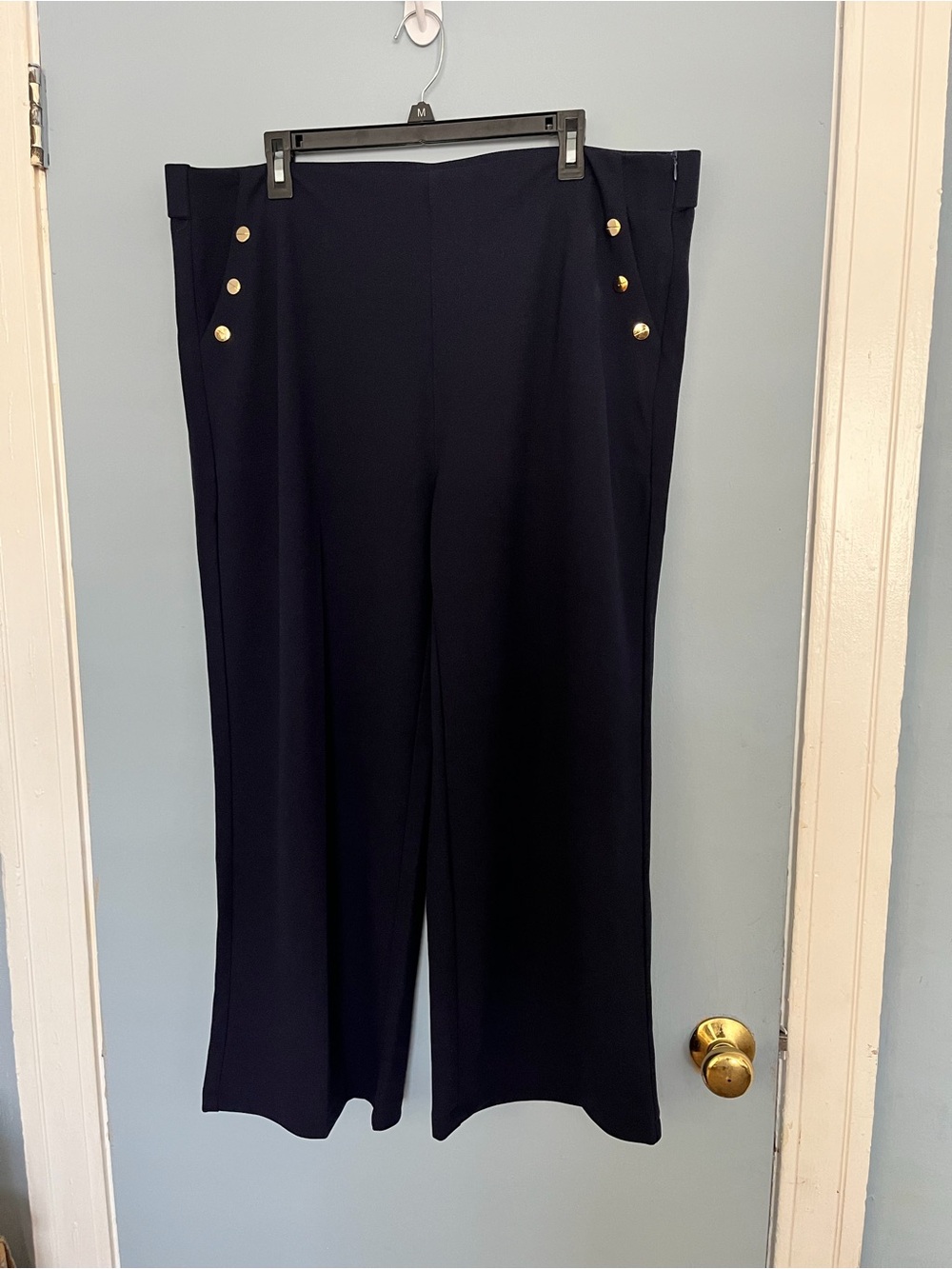 Navy Wide-Leg Pants with Gold Button Detail